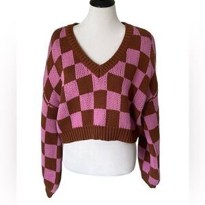 Hallelu Women’s Cropped Checkered Sweater size Large